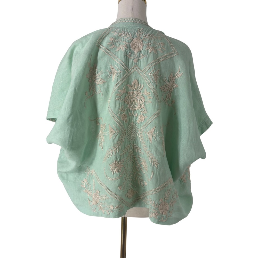 JW Los Angeles Johnny Was Mint Green Embroidered 100% Linen Kimono Top XS